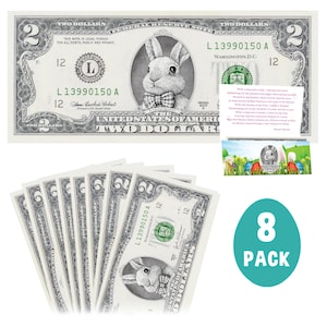 Lot de 8 billets de banque officiels en forme de lapin de Pâques V5. 2,0 dollars américains réels. Chaque billet est livré avec une carte de Pâques. Rembourrage/remplissage de panier de Pâques
