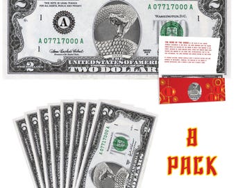 Chinese New Year Year of the Snake Lucky 2 Dollar Bill 8-Pack - Colorized Genuine Legal Tender in Red Envelopes - Lunar Gift