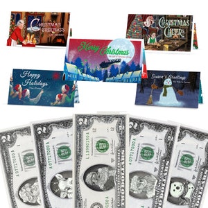 May include: A set of six Christmas greeting cards featuring various festive themes, including a snowman, a train, and a fireplace. The cards are displayed on a white background with five £2 notes featuring holiday-themed designs.