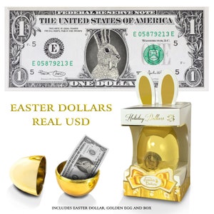Der offizielle Osterhase Dollarschein mit goldenem Ei und Geschenkbox. Real 1.0 USD. Bankierbar & ausserbbar. OsterkorbFüller/Füller.