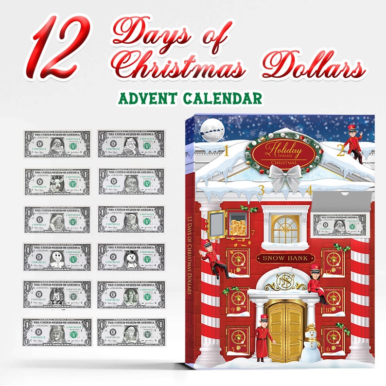 12 Days of Christmas Dollars Advent Calendar. 12 Real Bankable and Spendable Dollars in a 12 day Advent Calendar Snow Bank Box. image 1