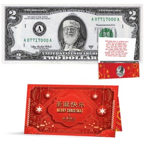 Billete oficial asiático de 2,00 dólares de Papá Noel. Dólares estadounidenses reales. Año Nuevo lunar. Regalo perfecto para calcetines. Paquete de regalo con carta de Papá Noel. Regalo asequible