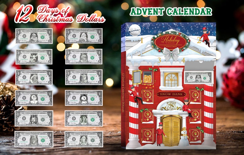 12 Days of Christmas Dollars Advent Calendar. 12 Real Bankable and Spendable Dollars in a 12 day Advent Calendar Snow Bank Box. image 2