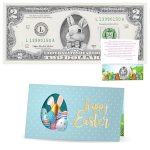 Le billet d'un dollar officiel en forme de lapin de Pâques. Réal 2,0 USD. Chaque billet est livré avec une carte de Pâques et un porte-monnaie. Rembourrage/remplissage de panier de Pâques