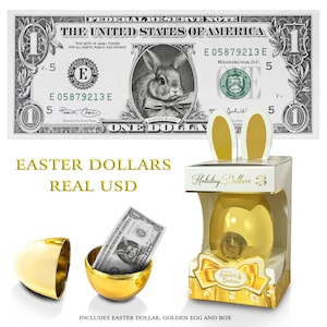 La banconota da un dollaro ufficiale del coniglietto pasquale con uovo d'oro e confezione regalo. Reale 1,0 USD. Bancabile e spendibile. Riempitore/riempitivo per cestino pasquale.