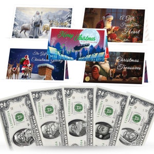 May include: Five $2 bills with a Santa Claus design. The bills are arranged in a fan shape with the top bill showing the words "The Gift of Christmas Giving".