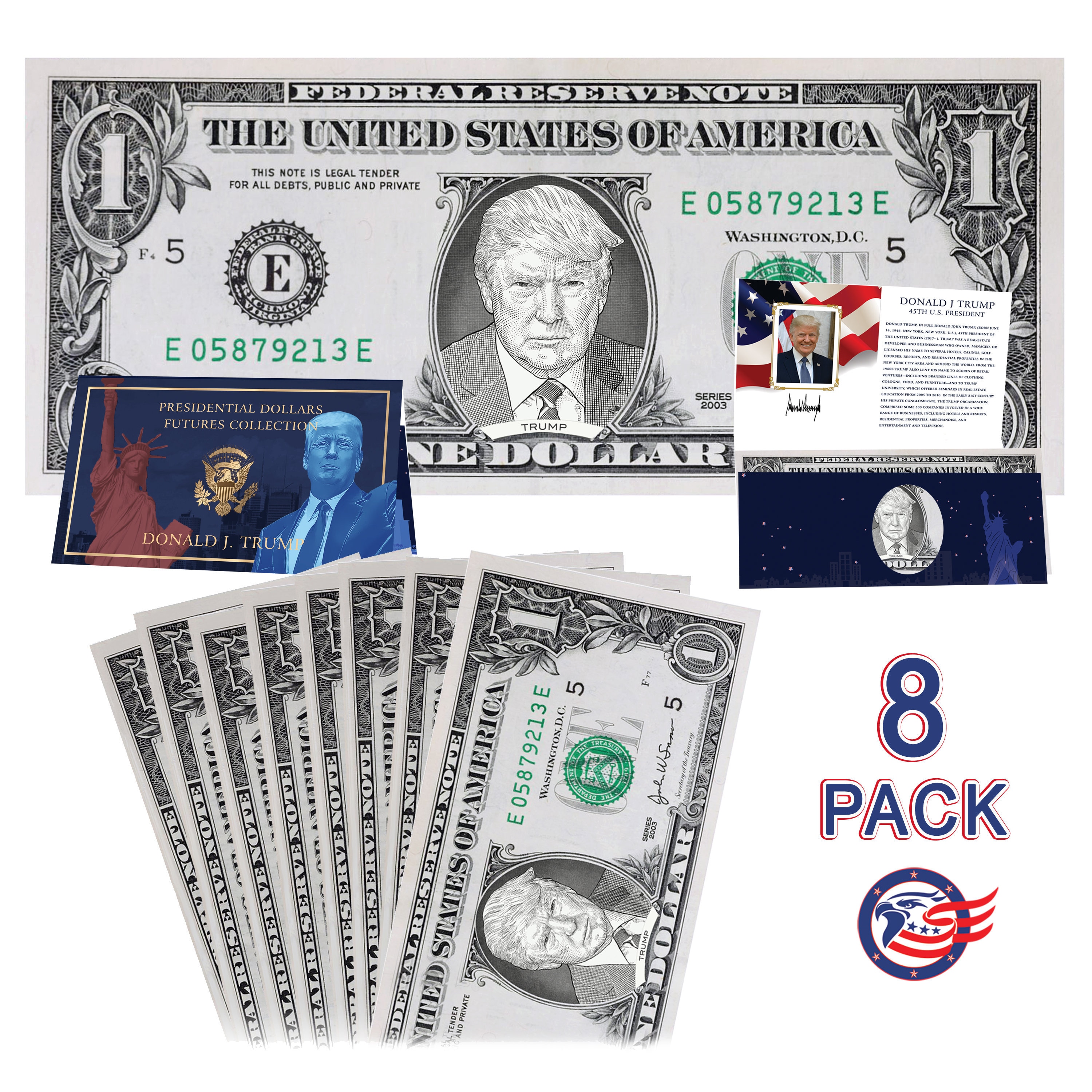 Donald Trump Official Dollar Bill 8-pack W/ Presidential Currency Card.  Presidential Futures Collection - REAL USD! - Etsy