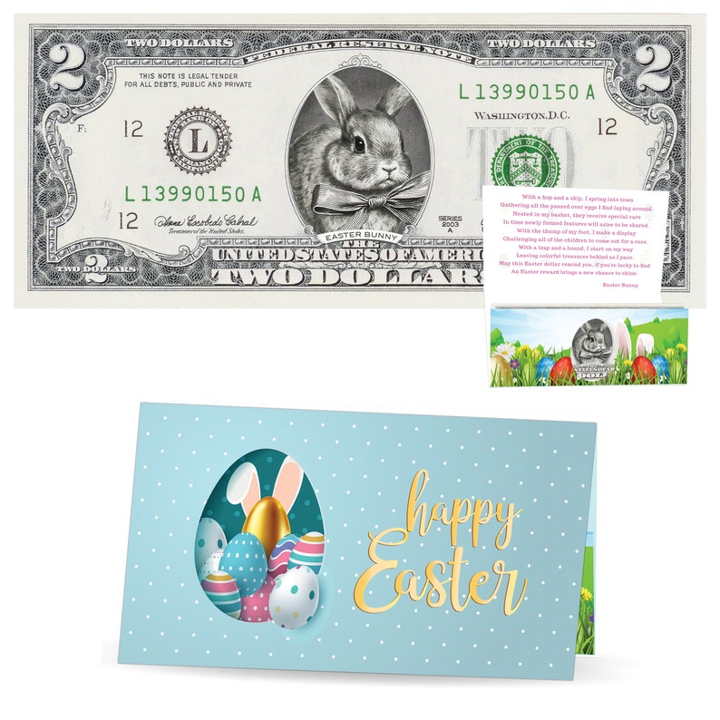 The Official Easter Bunny Dollar Bill. Real 2.0 USD. Each Bill Comes with an Easter Card and Currency Holder. Easter Basket Stuffer/Filler image 3