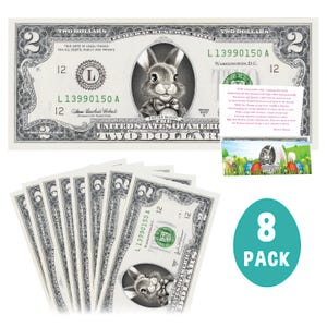 Lot de 8 billets de banque officiels en forme de lapin de Pâques V4. 2,0 dollars américains réels. Chaque billet est livré avec une carte de Pâques. Rembourrage/remplissage de panier de Pâques