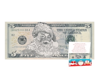 May include: A five pound note with a Santa Claus illustration on it. The note is folded in half and has a small card attached to it with a Christmas poem on it. The card has a red and white striped border and a red ribbon.