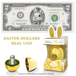 Banconota ufficiale del coniglietto pasquale con uovo d&#39;oro e scatola regalo V5. 2,0 USD reali. Bancabile e spendibile. Riempitivo/ripieno per cestini pasquali.