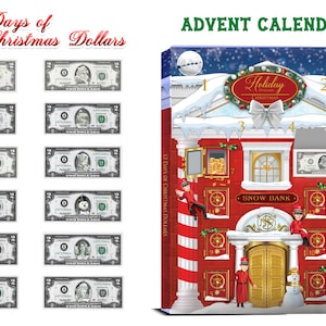 12 Days of Christmas Dollars Adventskalender. 12 Echte Bankable und Auszugebende 2.0 USD Dollar in einer 12-Tage-Adventskalender-Schneebankbox.