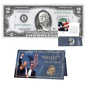 Donald Trump Attentat, Kampf offizieller 2.0 Dollar Schein mit Präsidial Geldkarte. Präsidentschafts-Futures-Kollektion - Echte USD