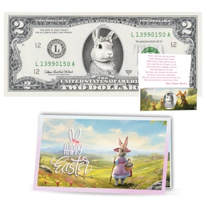 Le billet d'un dollar officiel Mrs Easter Bunny. Réal 2,0 USD. Livré avec une carte de Pâques et un porte-monnaie. Rembourrage/remplissage de panier de Pâques