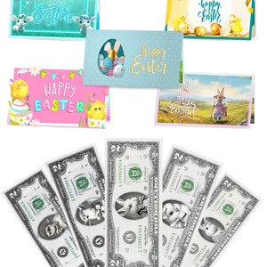 Paquet varié de billets d'un dollar de Pâques avec des cartes de Pâques. Cadeau de Pâques, panier de Pâques, lapins. 5 dollars et cartes incluses.