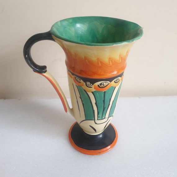 希少な1930年代アールデコ調マイオット陶器製水差し – 手描き、英国製