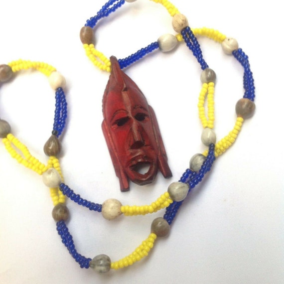 Wooden Ethnic Beaded Blue Yellow And seed Necklac… - image 3