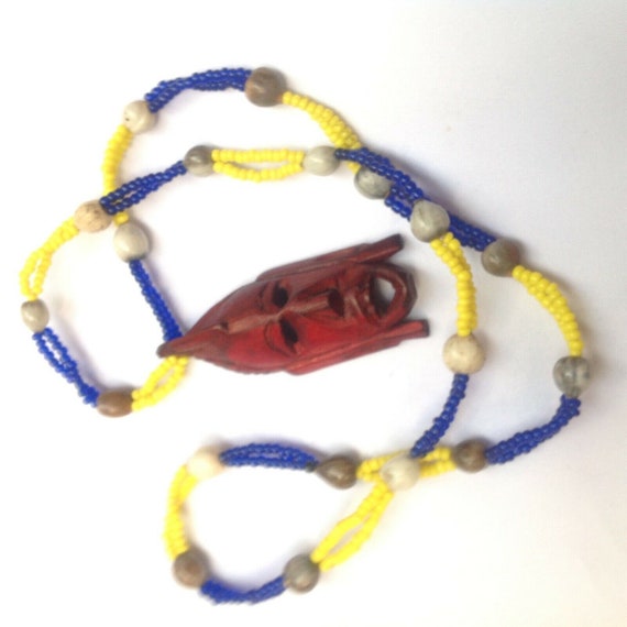 Wooden Ethnic Beaded Blue Yellow And seed Necklac… - image 1