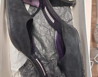 Vintage 90s Philippe Model Black Suede Spool Heel Pumps - Square Toe - Size 38.5 - Boxed - Made in Italy