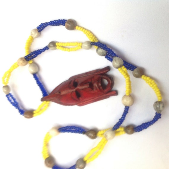 Wooden Ethnic Beaded Blue Yellow And seed Necklac… - image 2