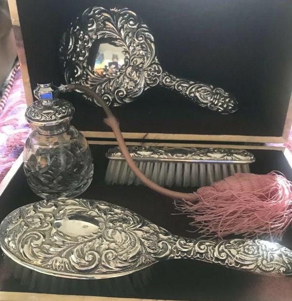 hallmarked b & co solid silver 4 items vanity set - image 1