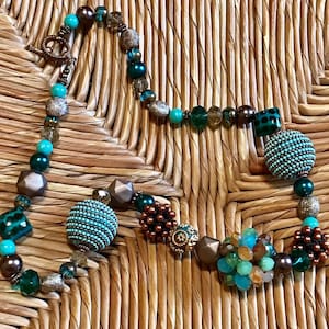 Handmade Teal and Copper Rhinestone and Crystal Statement Necklace Czech Glass