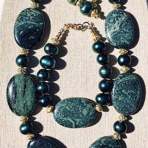 Large moss agate and pearl necklace, bracelet and earrings set green gemstone jewelry gift for her