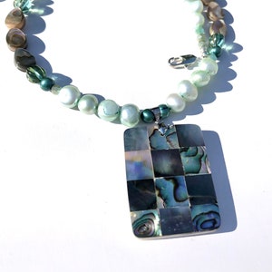 Aqua blue freshwater pearls and abalone pendant necklace beach jewelry coastal boho statement necklace