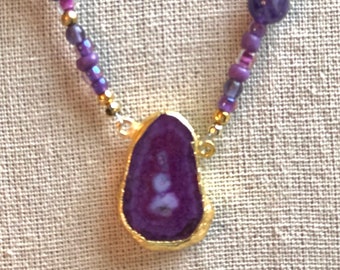 Purple amethyst and agate druzy choker necklace Czech beads February birthstone, boho gemstone statement necklace