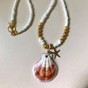 Lion's Paw Seashell Necklace, Puka Shells, Pearls, Statement Necklace, Beach, Seashell jewelry, boho, nautical image 1