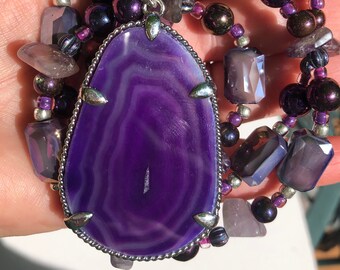 Purple Agate Druzy Jewelry Set: Amethyst, Czech Glass Necklace, Bracelet & Earrings