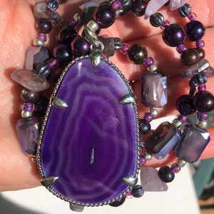 Purple agate druzy amethyst necklace bracelet earrings set Czech glass jewelry set statement necklace February birthstone