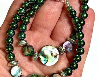 Abalone paua seashell and green hematite bracelet surfer beach shell jewelry cruise boho hippie