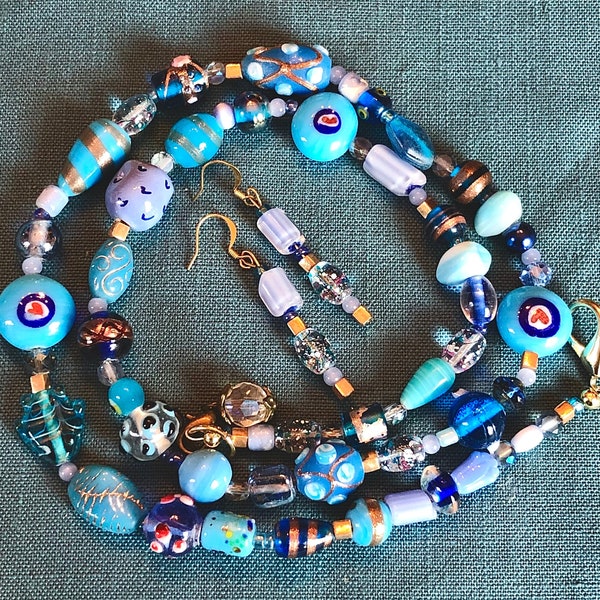 Handmade Pastel Blue Art Glass Necklace and Earrings Set, ceramic owl fish lampworked beads Czech glass hippie boho festival jewelry