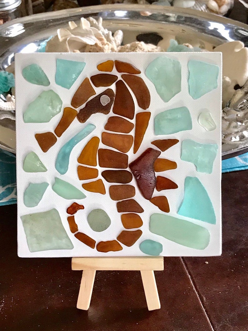 coastal farmhouse mosaic art nautical art Sea glass sea horse on canvas with easel beach cottage coastal decor sea dragon