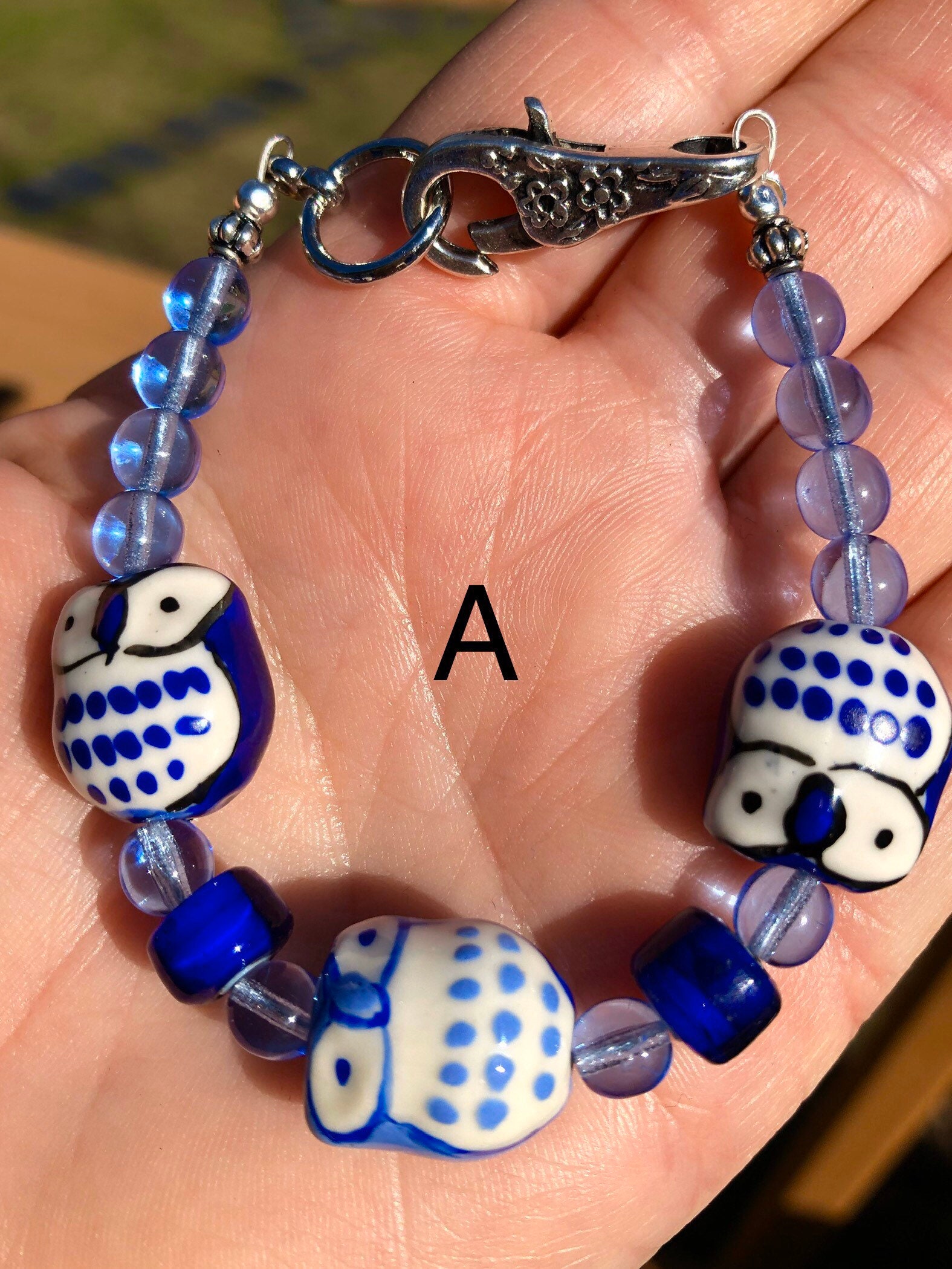 Cobalt Blue Owl Bracelet, Czech Glass Bird Jewelry