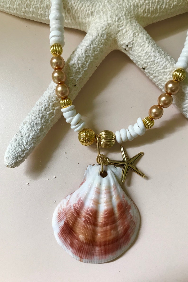 Lion's Paw Seashell Necklace, Puka Shells, Pearls, Statement Necklace, Beach, Seashell jewelry, boho, nautical image 9
