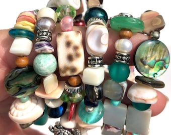 Seashell stretch bracelets beach shell jewelry, pearls, cowrie, abalone, bubble shell, bumblebee shell, sea horse nautilus sea turtle