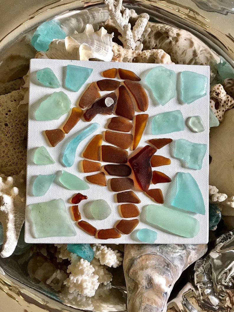 coastal farmhouse mosaic art nautical art Sea glass sea horse on canvas with easel beach cottage coastal decor sea dragon