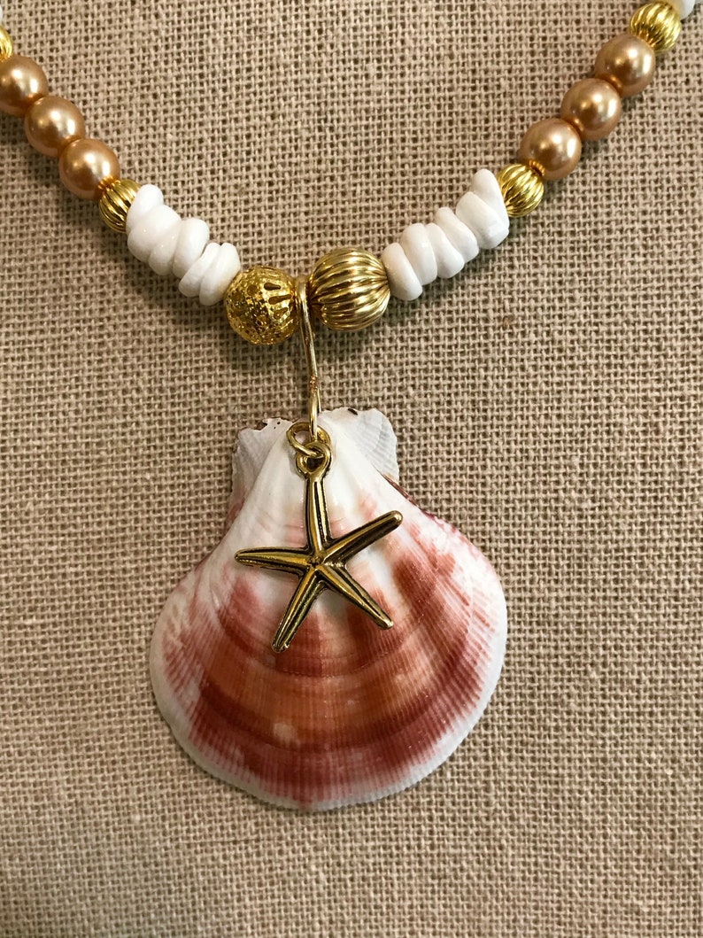 Lion's Paw Seashell Necklace, Puka Shells, Pearls, Statement Necklace, Beach, Seashell jewelry, boho, nautical image 5