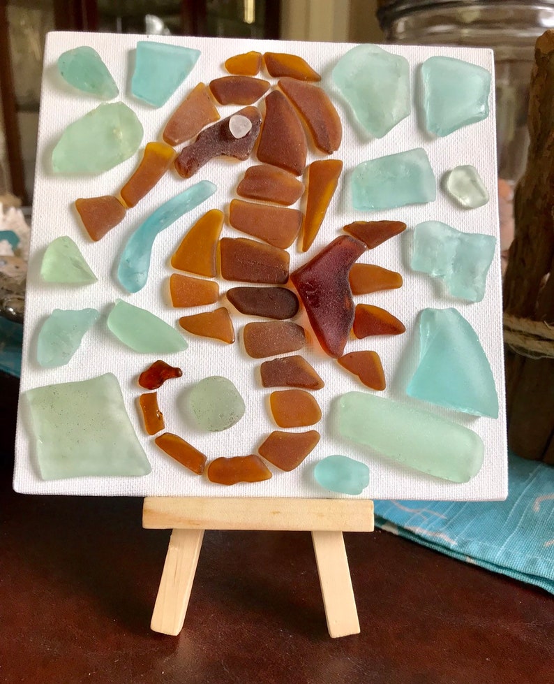 coastal farmhouse mosaic art nautical art Sea glass sea horse on canvas with easel beach cottage coastal decor sea dragon