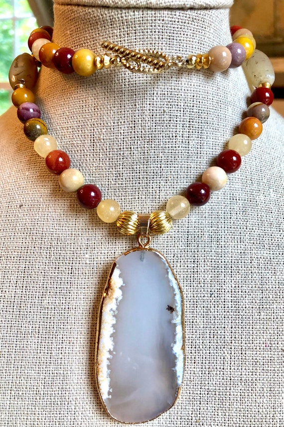 Australian Mookaite Jasper Yellow Jade and Agate Druzy Necklace Fall Jewelry Earth Tones Statement Necklace Pendant Jewelry Boho Etsy Canada