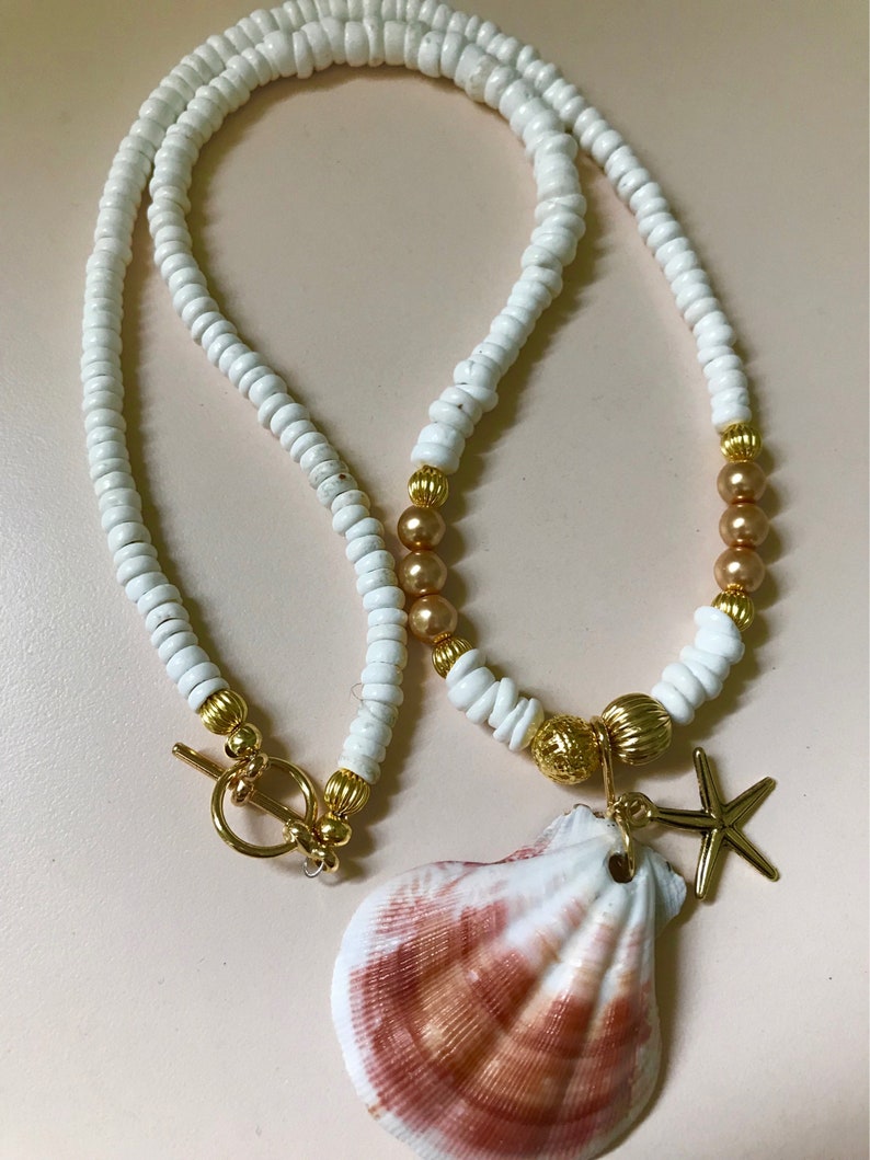 Lion's Paw Seashell Necklace, Puka Shells, Pearls, Statement Necklace, Beach, Seashell jewelry, boho, nautical image 7