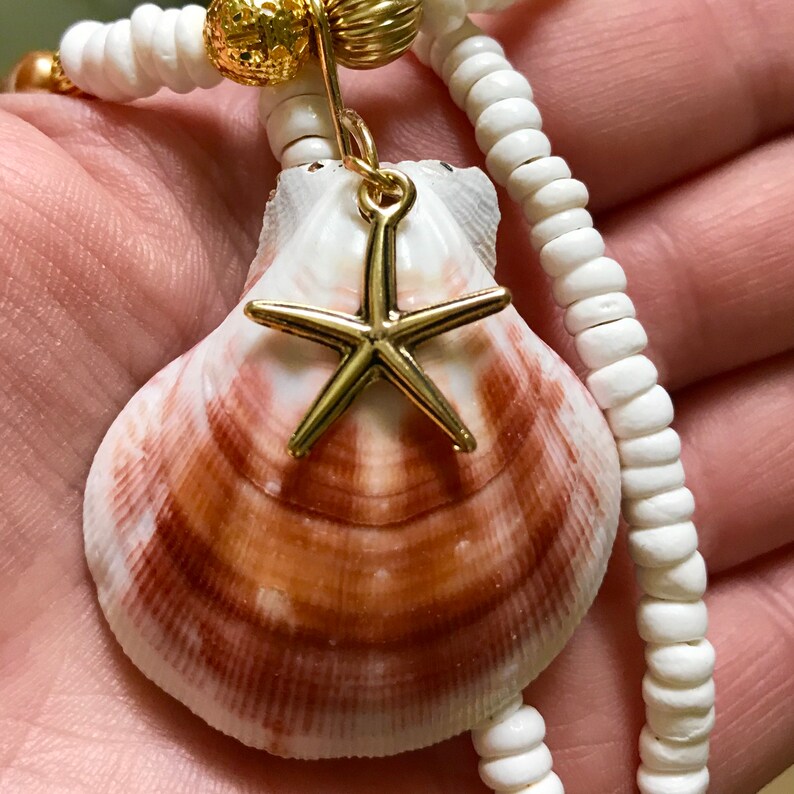 Lion's Paw Seashell Necklace, Puka Shells, Pearls, Statement Necklace, Beach, Seashell jewelry, boho, nautical image 3
