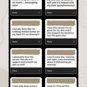 Puede incluir: Una captura de pantalla de la pantalla de un tel&eacute;fono m&oacute;vil que muestra una serie de rese&ntilde;as de clientes para un producto de belleza. Las rese&ntilde;as son positivas y destacan la eficacia del producto para mejorar la textura y la apariencia de la piel.