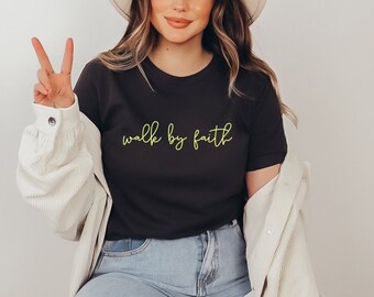 Walk by faith t-shirt | Christian Mom Mother's Day gift | Cool Mom gift | Minimalist bible verse t-shirt |  Lime Green and Black graphic tee