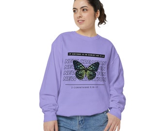 Sudadera New Creation Oversized Crewneck / Butterfly Lilac / Ropa cristiana / Sudadera para grupos juveniles / Sudadera con temática religiosa