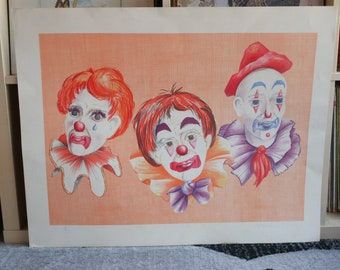 May include: Three clowns with different expressions are depicted in a vintage style illustration. The clown on the left is crying, the middle clown is smiling, and the clown on the right has a neutral expression. All three clowns are wearing colorful costumes and have exaggerated features.