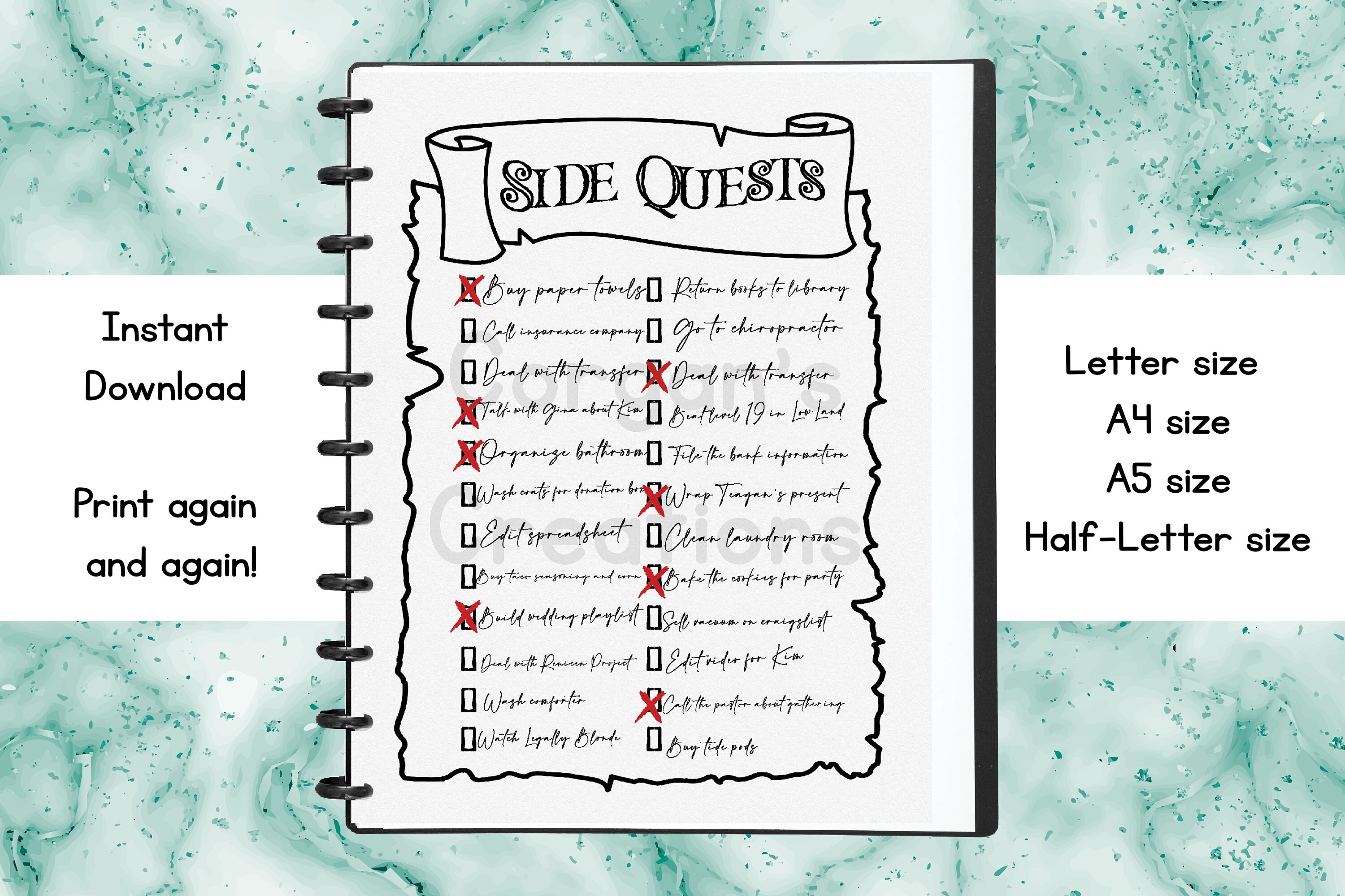 Side Quests to Do List Printable | Agenda, Shopping List, Things to Do ...