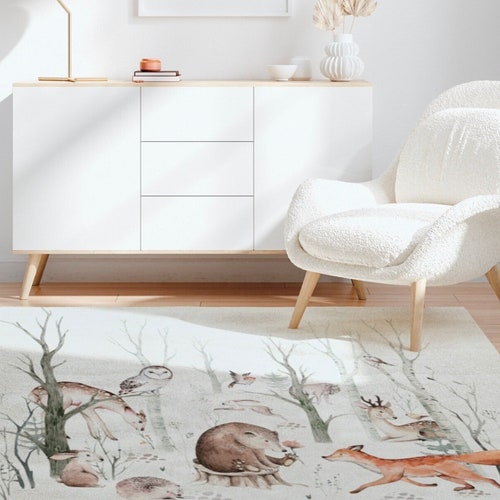 Woodland Nursery Rug Kids Carpet Watercolor Animal Print Etsy